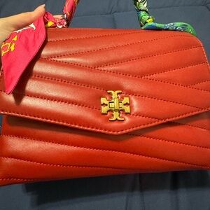 Tory Burch Red Leather Shoulder Bag with Chevron Stitching
